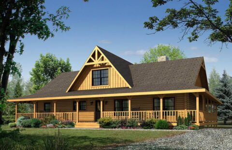 The image showcases a digitally rendered design of one of our beautifully crafted log homes.