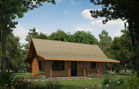 Our company showcases a visual rendering of a quaint, small log cabin nestled amidst serene woods.