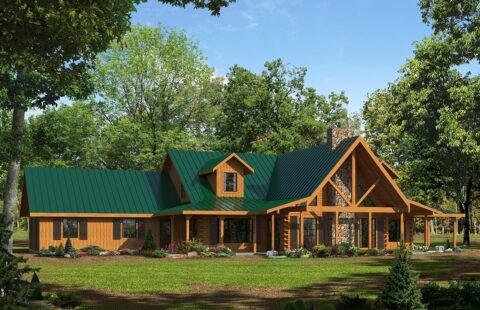 The image showcases a beautifully designed log home manufactured by our company, featuring a stunning green roof.