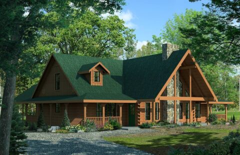 The image depicts a beautifully designed log home, illustrating the quality craftsmanship and natural aesthetics typical of our company's products.