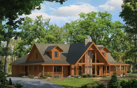The image showcases a visually stunning, artistically rendered design of a high-quality log home manufactured by our company.