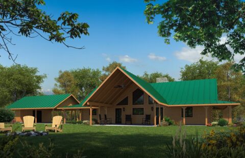 The image showcases an artistically rendered log home, featuring a striking green roof.