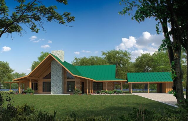 This image depicts a digitally rendered design of one of our beautifully crafted log homes.
