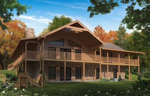 The image showcases a beautifully designed, computer-rendered log home manifested by our company's top-notch craftsmanship and superior design aesthetics.